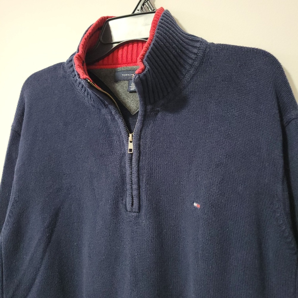 Tommy Hilfiger 1/4 Zip Sweater Mens L Navy Blue 100% Cotton Red Collar Flag